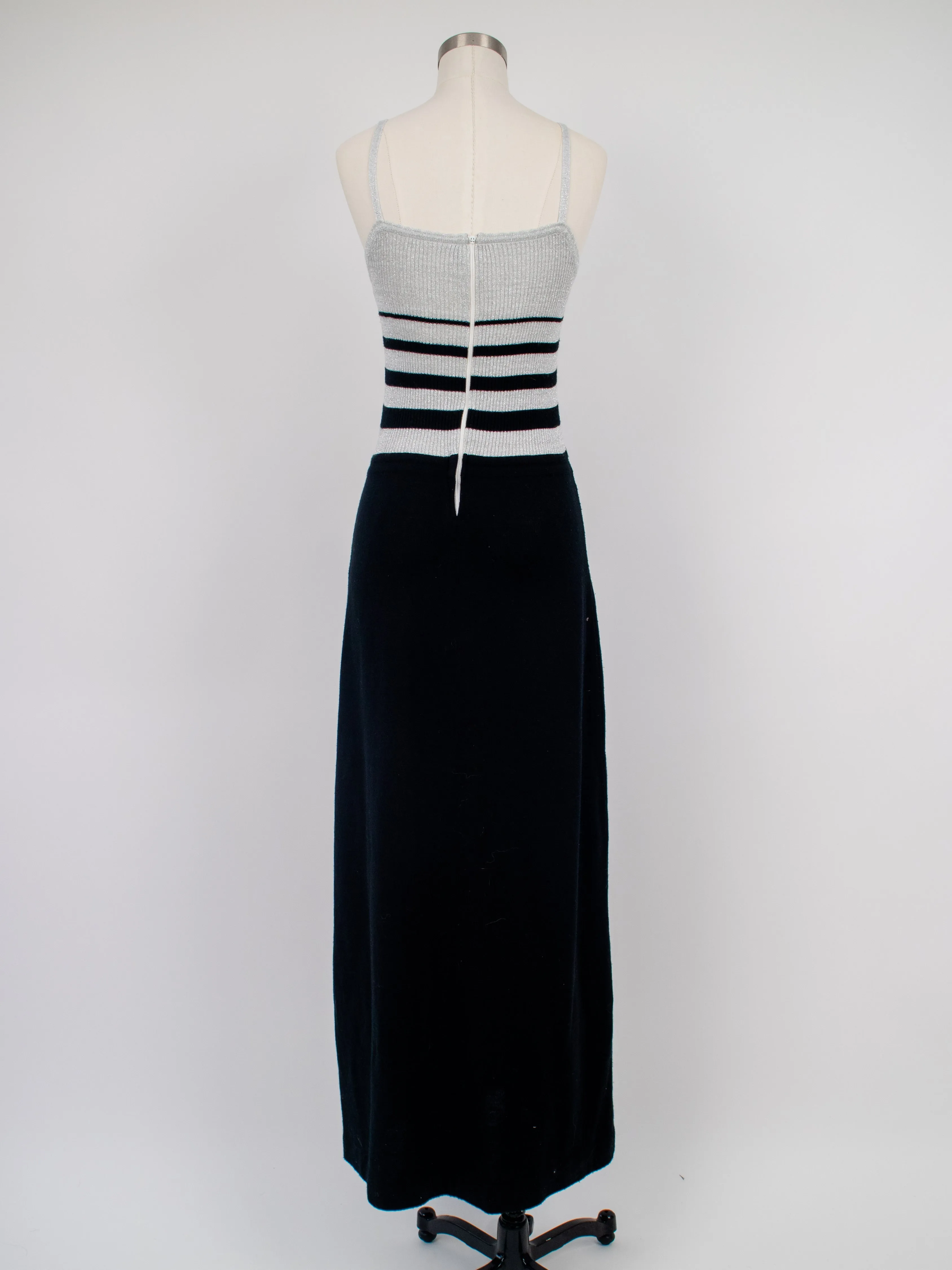 1970s Silver and Black Acrylic Maxi Dress