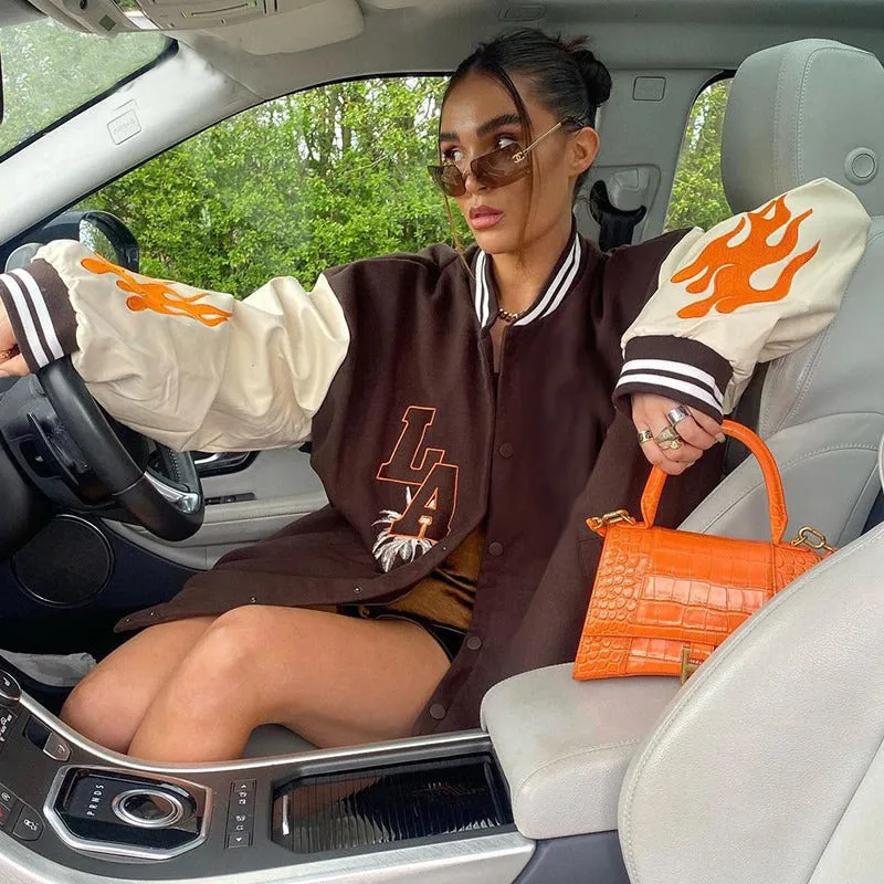 2023 Brown Oversized Bomber Jacket Baseball Women