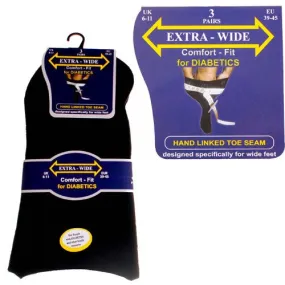 3 Pairs - Black - Mens Extra Wide Diabetic Socks Size 6-11