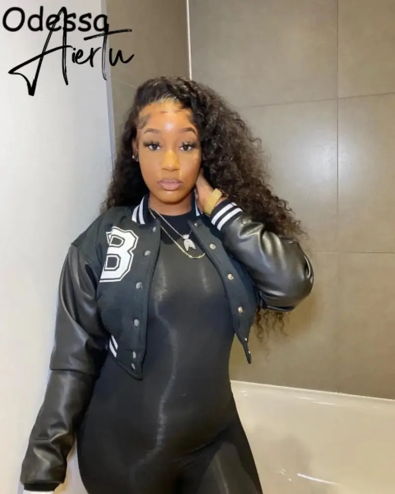Aiertu Odessa Winter Long Sleeve Baseball Jacket Faux Leather Patchwork Button Y2K Varsity Bomber Jackets Women Crop Coat Brown