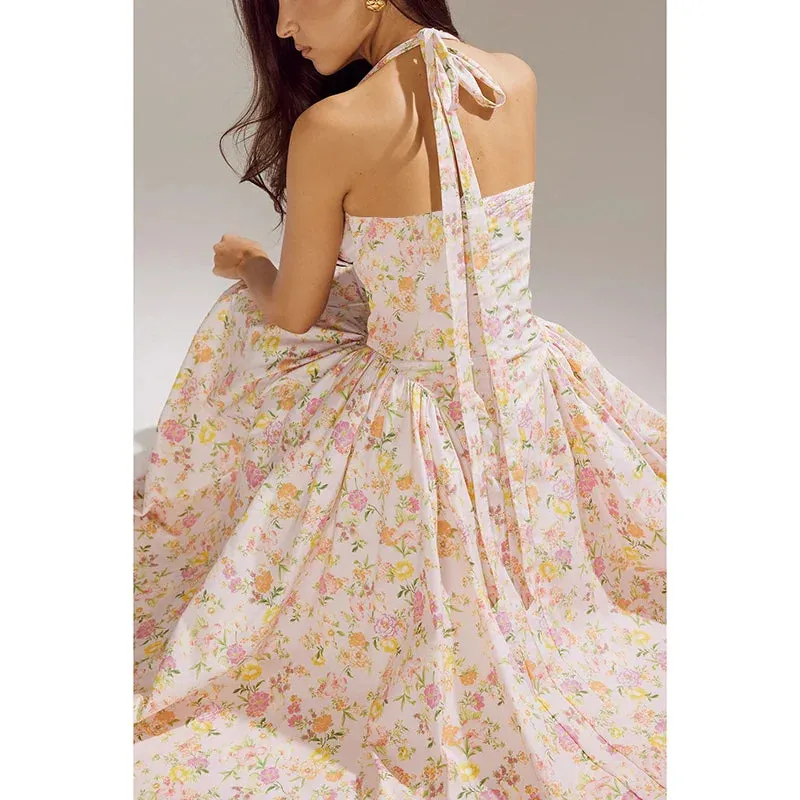 American Fashionable Print Hanging Neck Lace Slim Fit Maxi European Dress