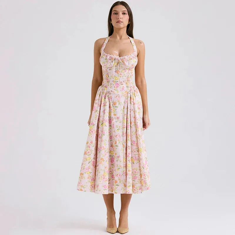 American Fashionable Print Hanging Neck Lace Slim Fit Maxi European Dress