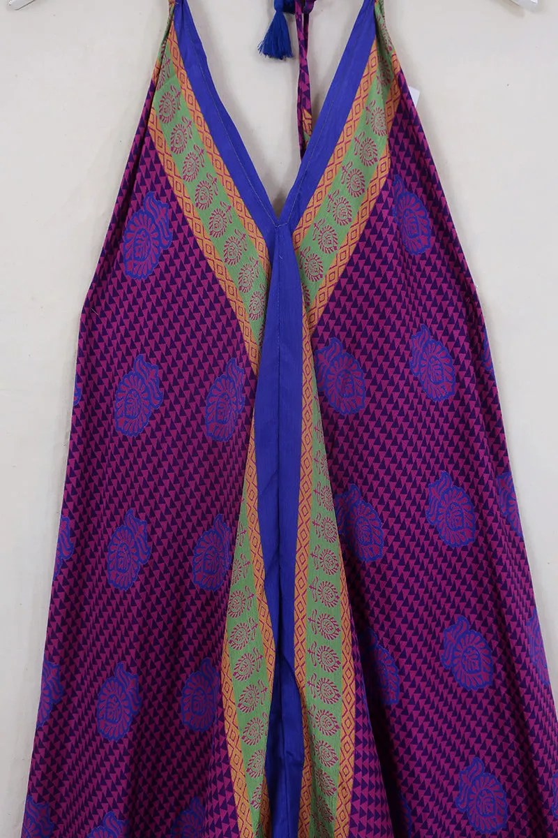 Athena Maxi Dress - Vintage Sari - Blueberry & Violet Tiles - M to L/XL