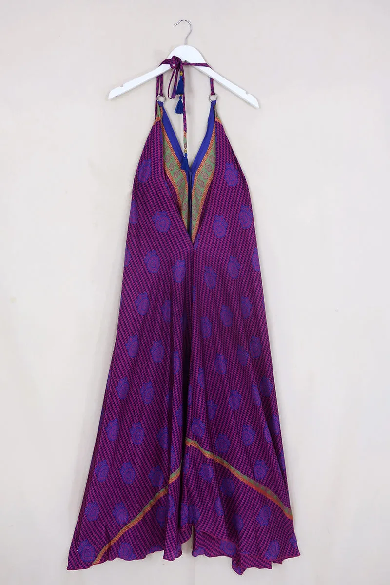Athena Maxi Dress - Vintage Sari - Blueberry & Violet Tiles - M to L/XL