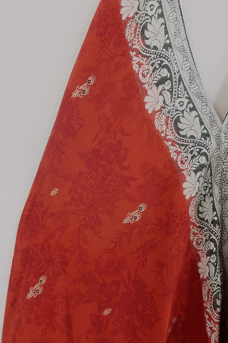 Athena Maxi Dress - Vintage Sari - Brick Red Embroidery - M to L/XL