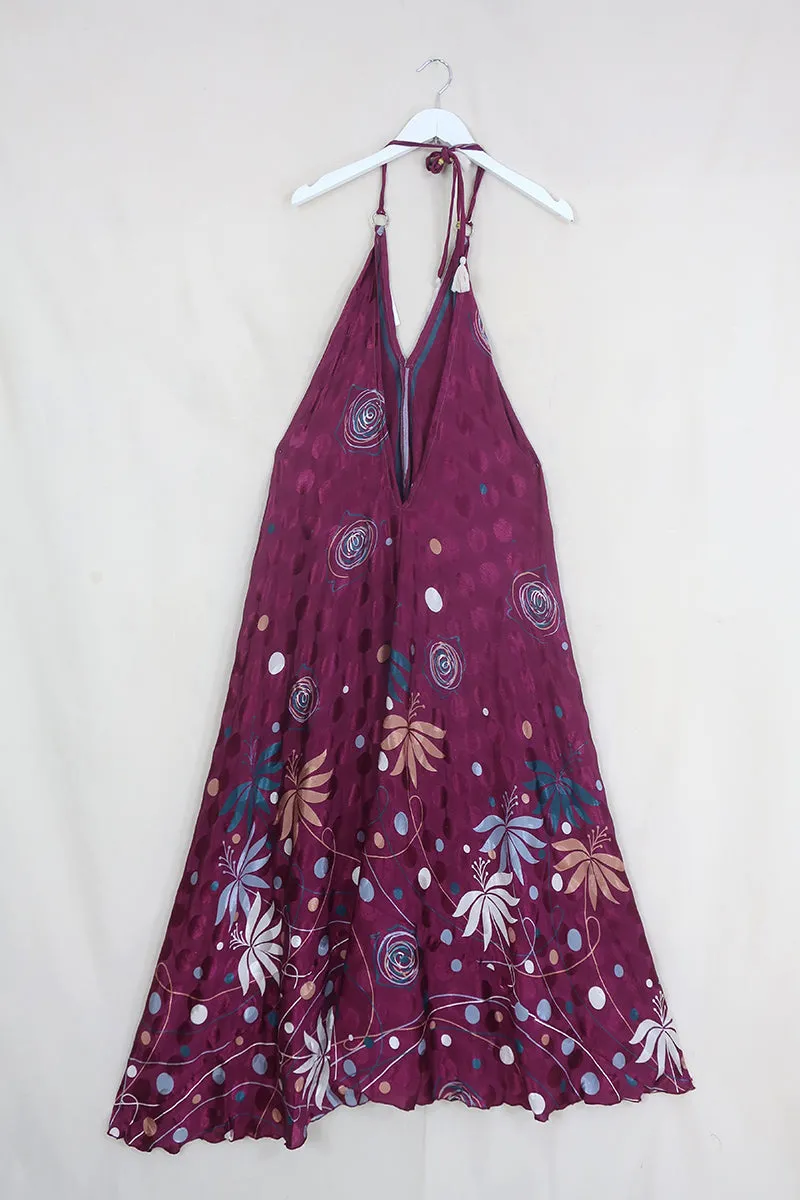 Athena Maxi Dress - Vintage Sari - Cherry & Teal Abstract Roses - S to M/L