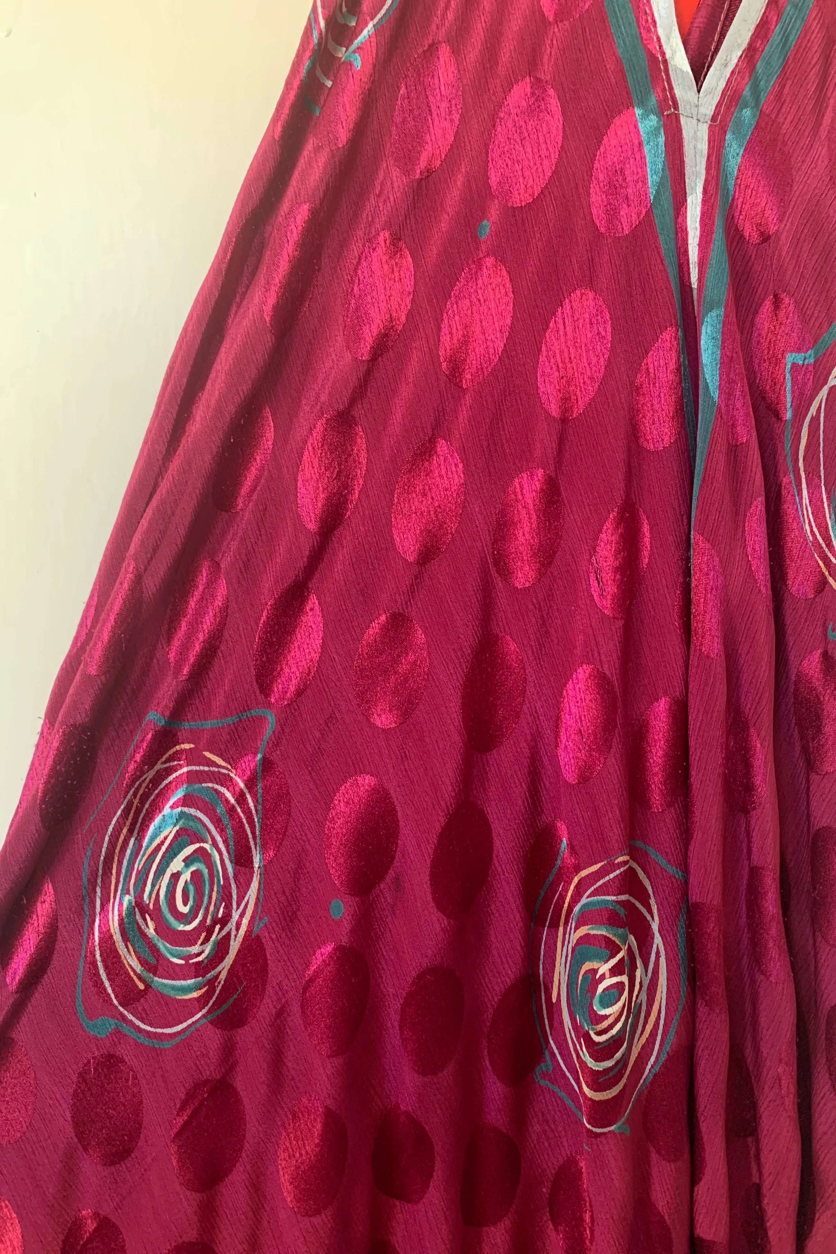 Athena Maxi Dress - Vintage Sari - Cherry & Teal Abstract Roses - S to M/L