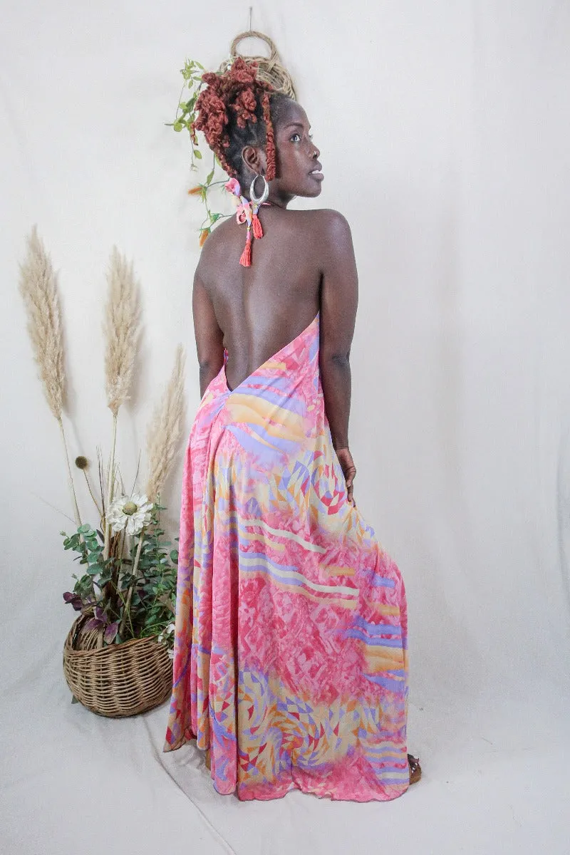 Athena Maxi Dress - Vintage Sari - Dahlia Pink Pastel Abstract - XS to M/L
