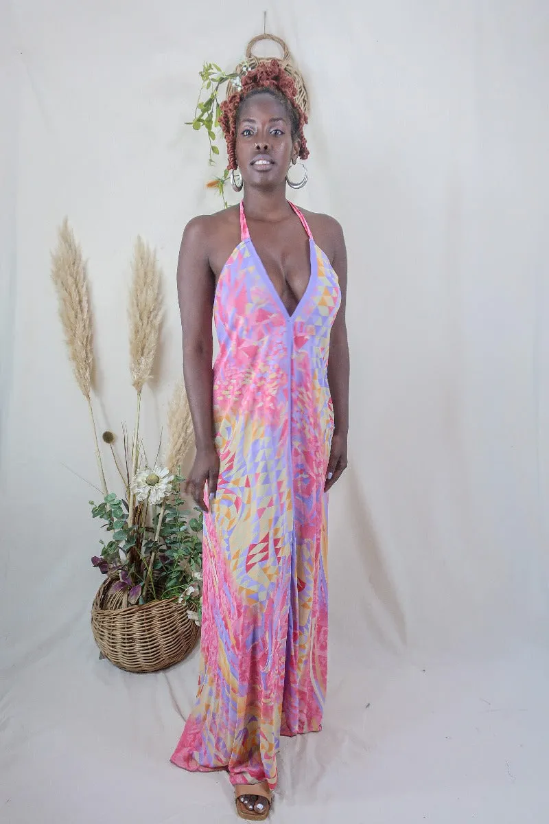 Athena Maxi Dress - Vintage Sari - Dahlia Pink Pastel Abstract - XS to M/L