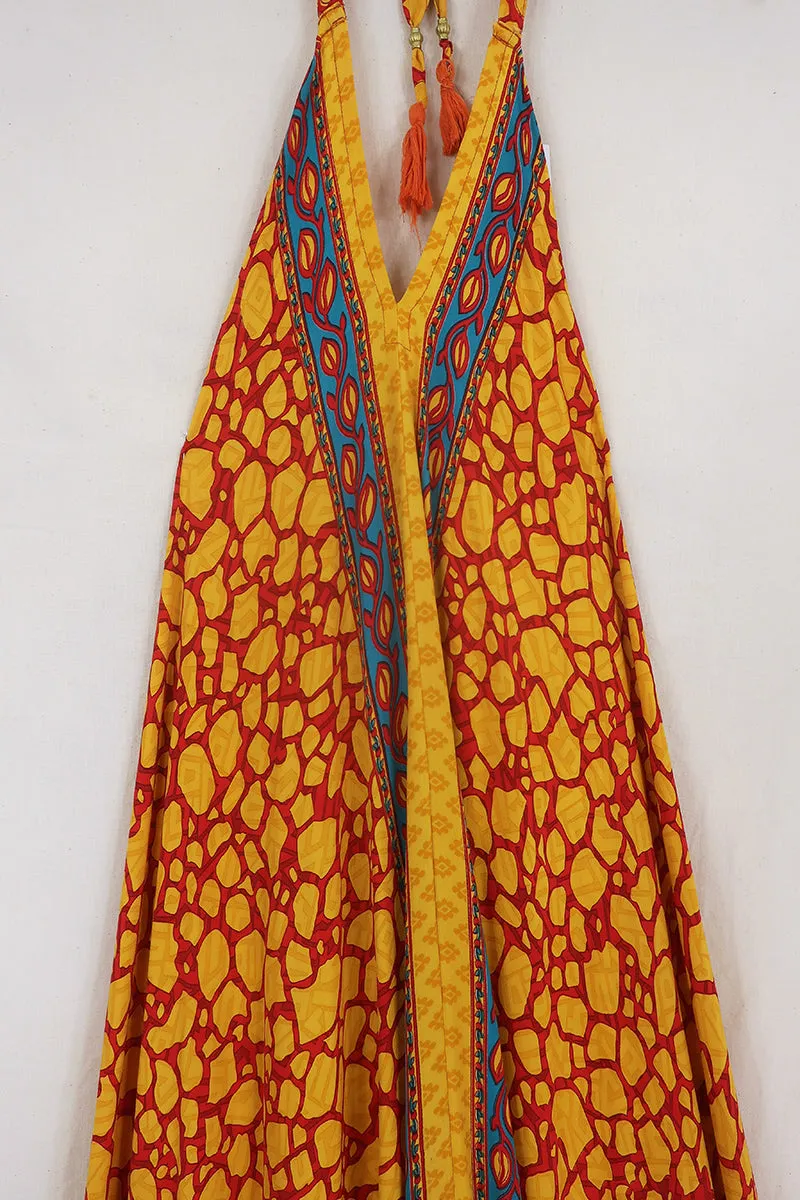 Athena Maxi Dress - Vintage Sari - Fiery Amber Stones - Free Size S/M