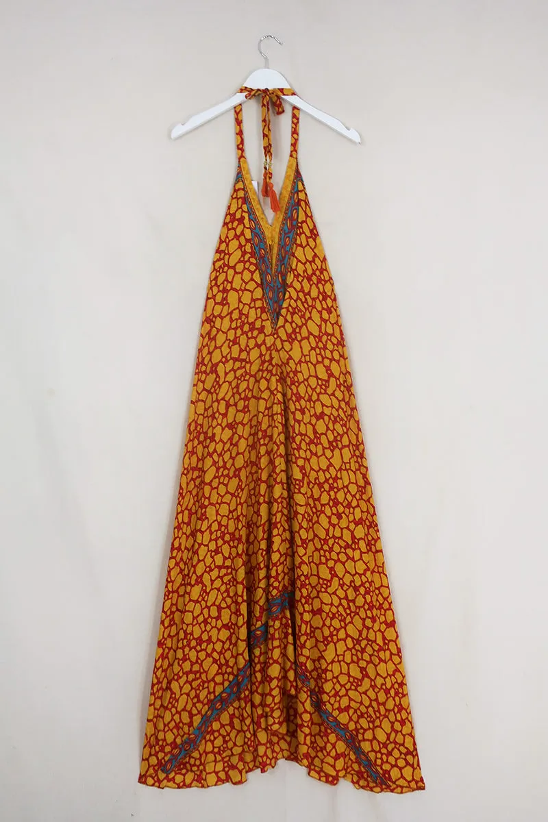 Athena Maxi Dress - Vintage Sari - Fiery Amber Stones - Free Size S/M