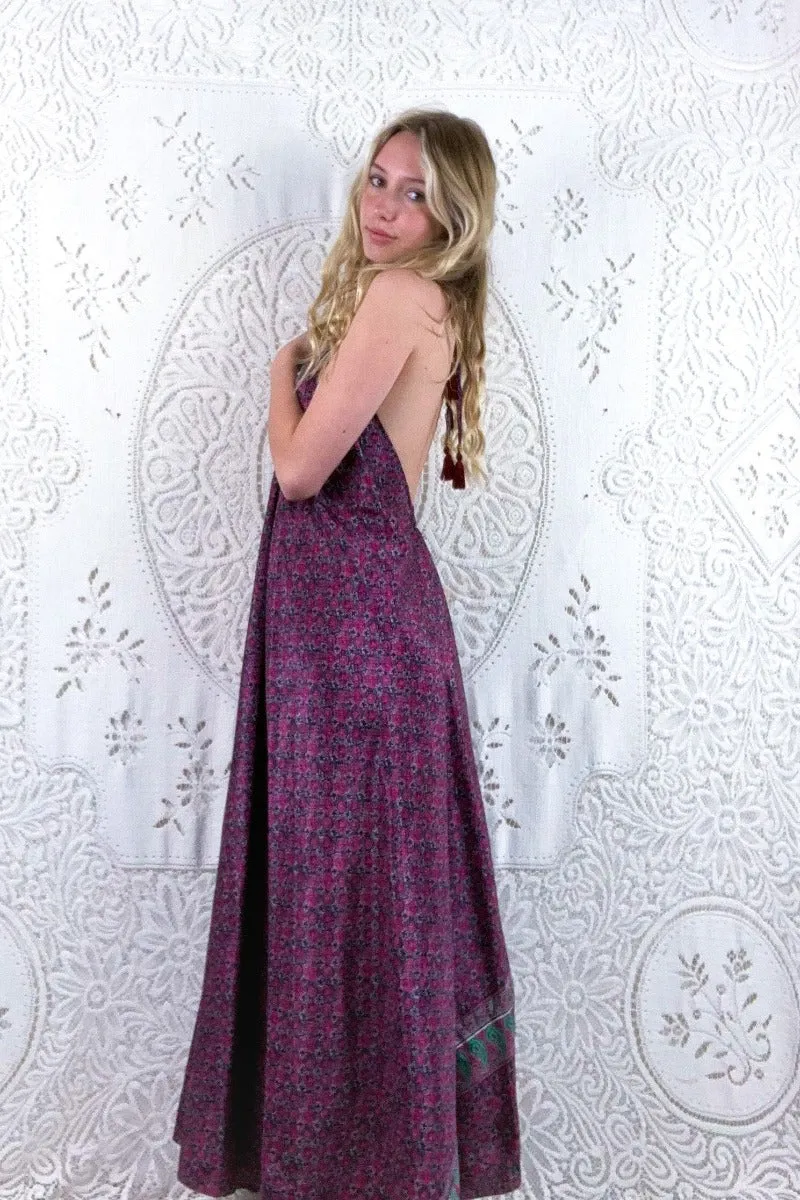 Athena Maxi Dress - Vintage Sari - Mulberry Purple & Jade Tile Print - XS - M/L