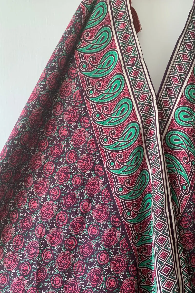 Athena Maxi Dress - Vintage Sari - Mulberry Purple & Jade Tile Print - XS - M/L