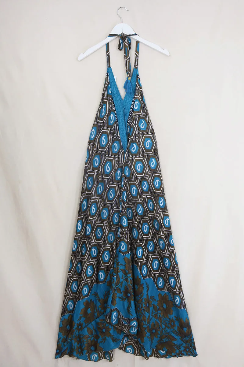 Athena Maxi Dress - Vintage Sari - Turquoise & Tiger Eye Paisley - Free Size S/M