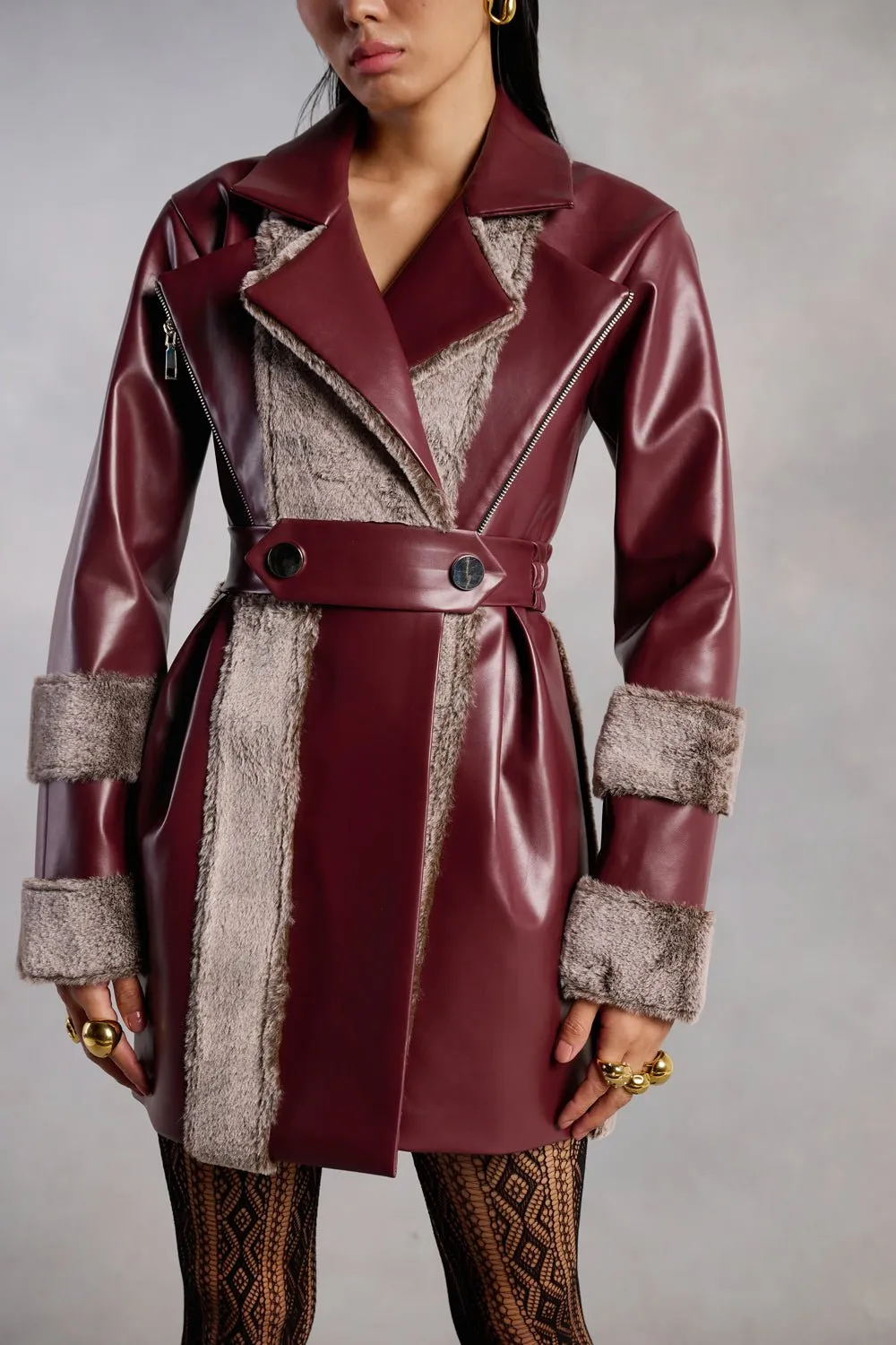 Bailey Burgundy Leather and Fur Coat Dress