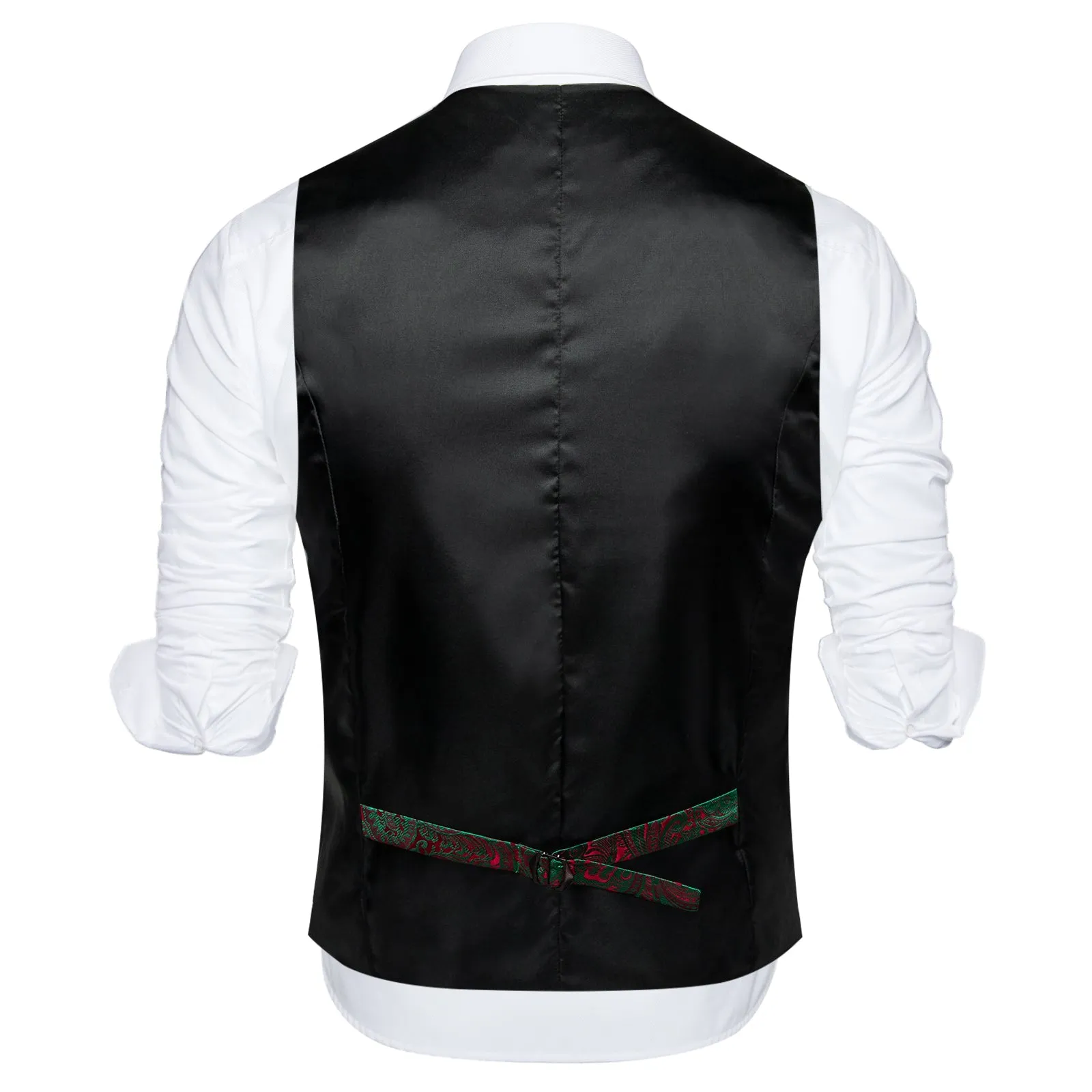 Black Collar Green Red Paisley Jacquard Silk Men's Vest Hanky Cufflinks Tie Set