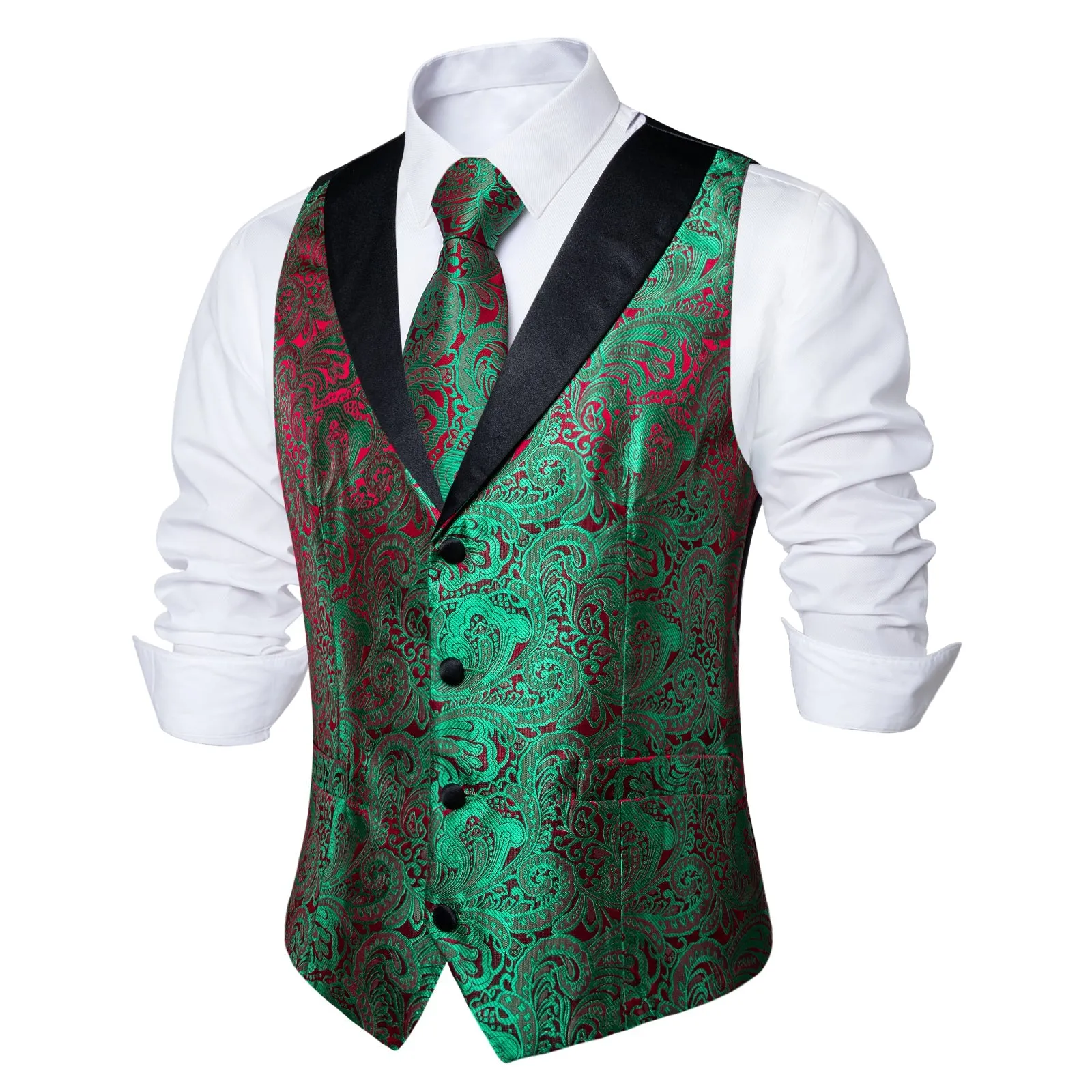 Black Collar Green Red Paisley Jacquard Silk Men's Vest Hanky Cufflinks Tie Set