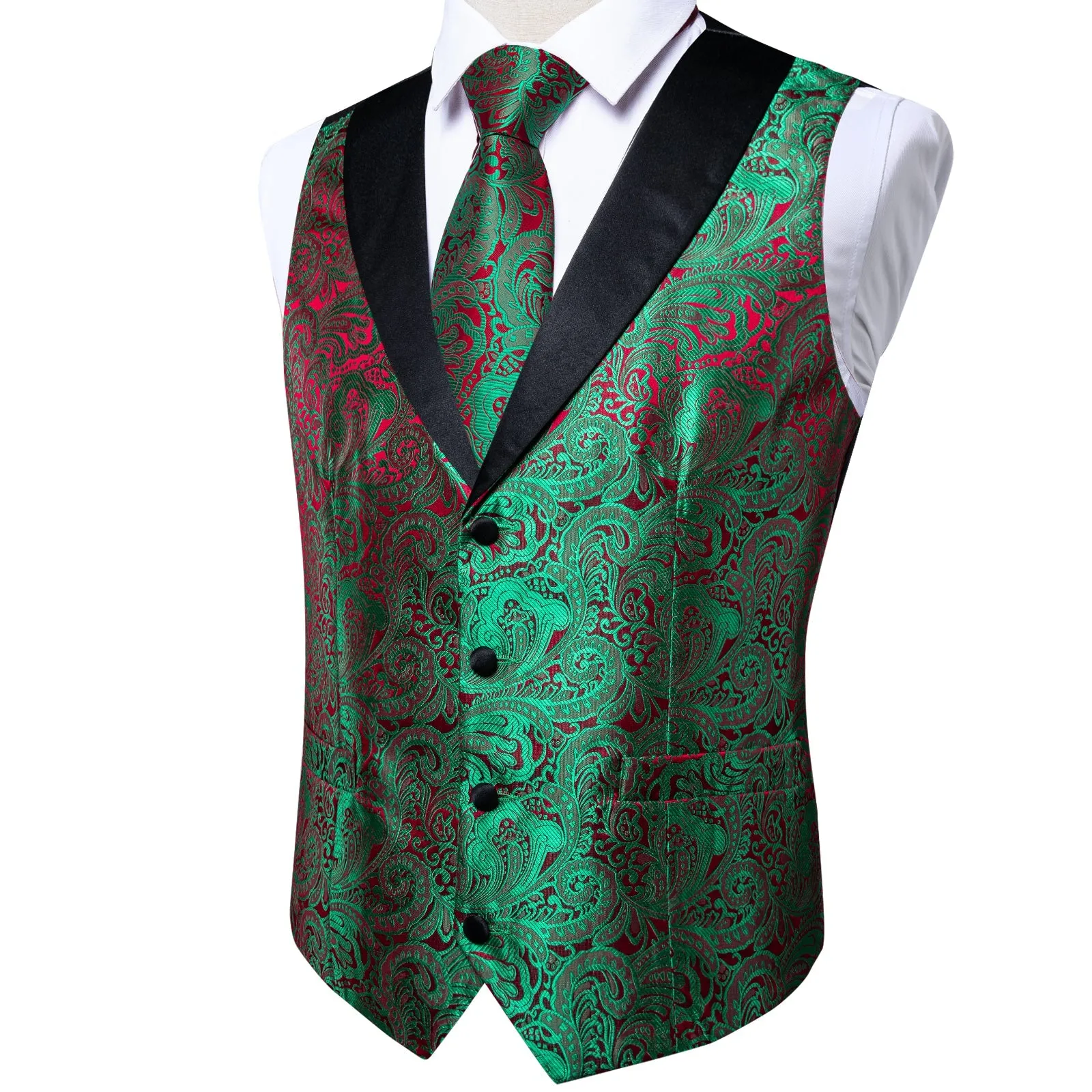 Black Collar Green Red Paisley Jacquard Silk Men's Vest Hanky Cufflinks Tie Set