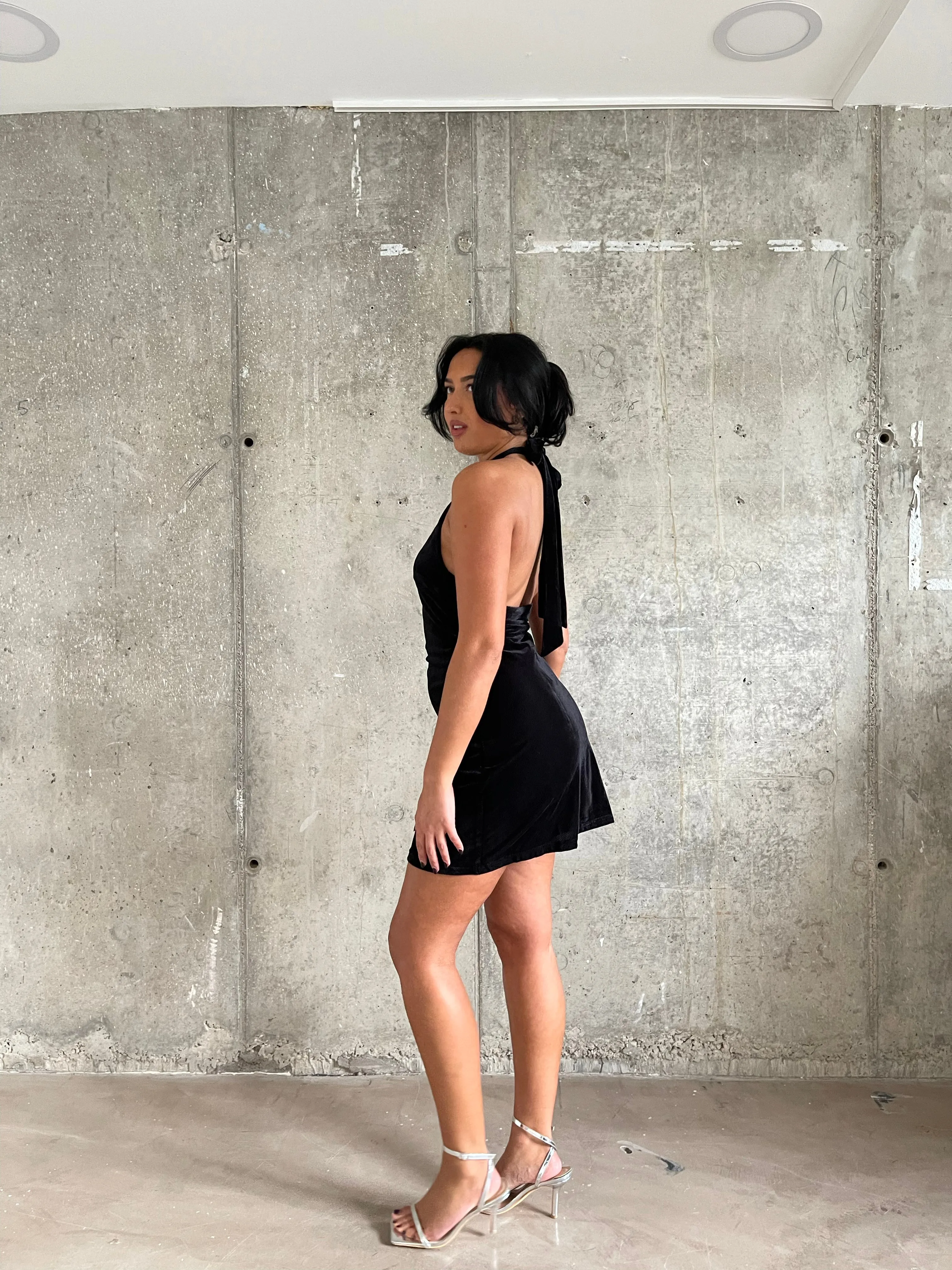 Black Rib-Velvet Halterneck Mini-Dress