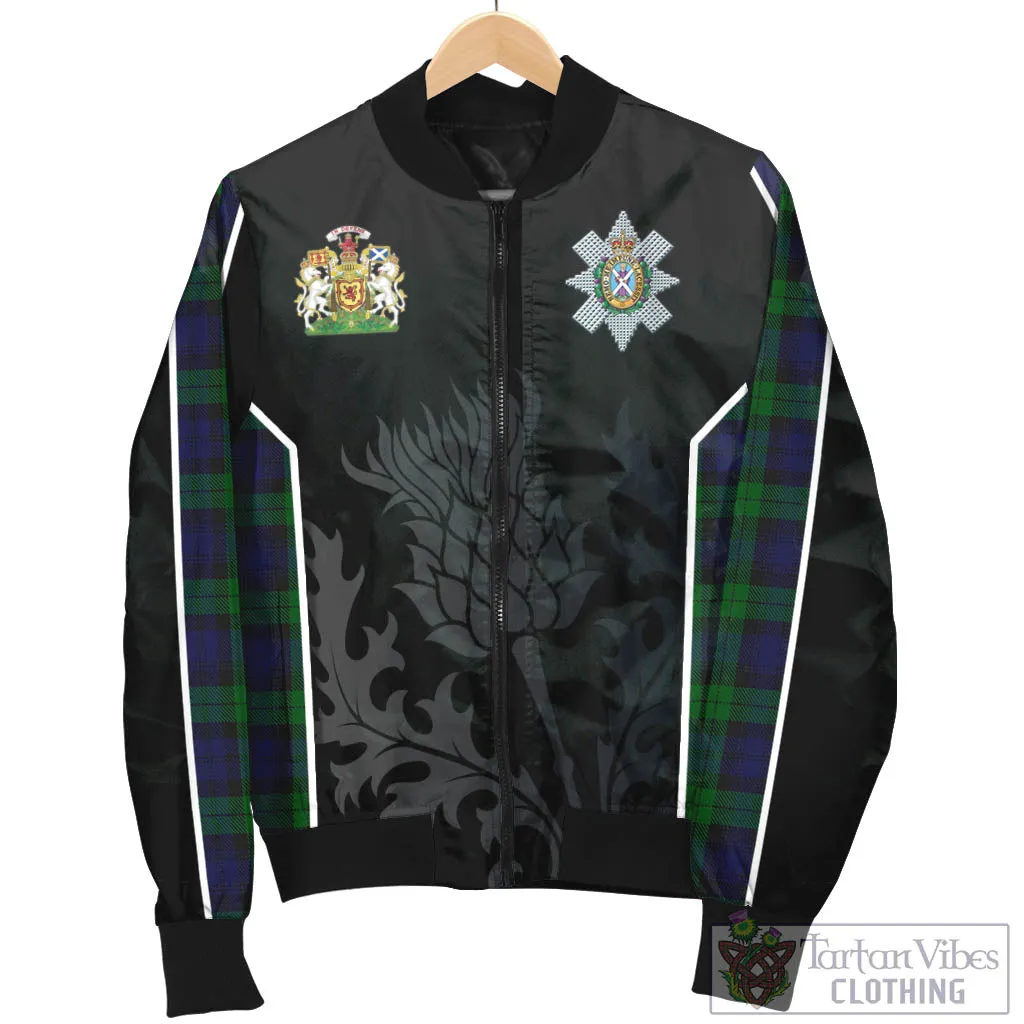 Black Watch Tartan Bomber Jacket with Family Crest and Scottish Thistle Vibes Sport Style