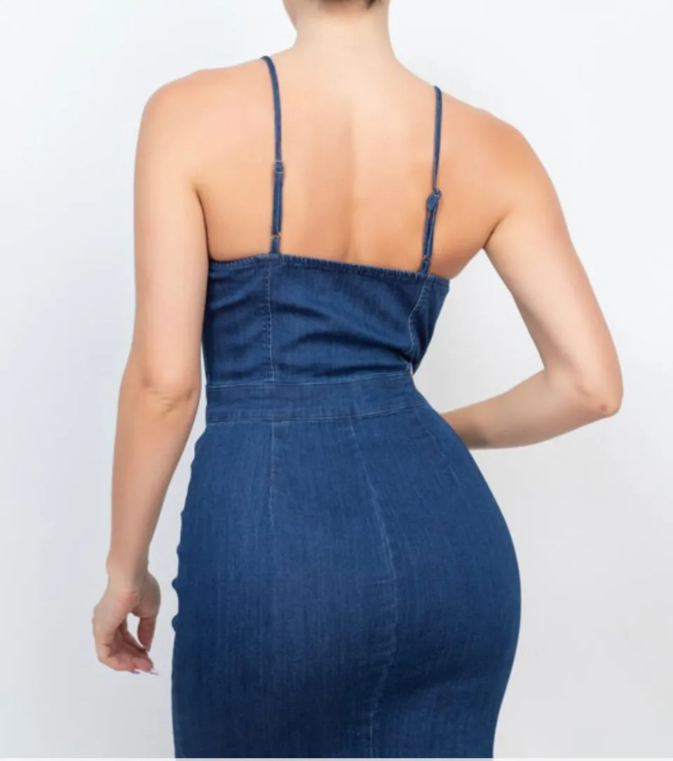 BOW TIE CUT OUT DENIM DRESS