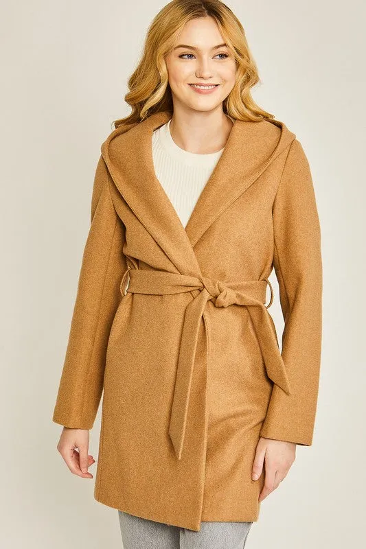 Camel JQ Fleece Belted Hoodie Coat
