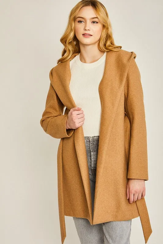 Camel JQ Fleece Belted Hoodie Coat