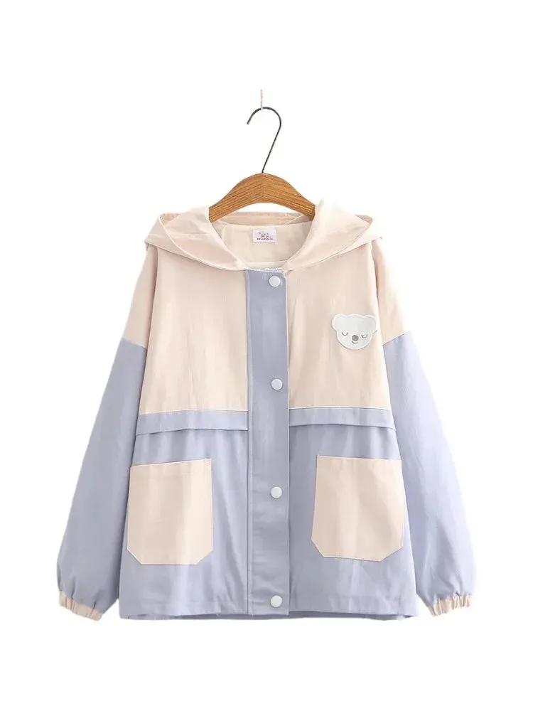 Cartoon Bear Appliques Sweet Style Jacket For Women Autumn Winter Zipper Long Sleeve Basic Jackets Outerwear Coat