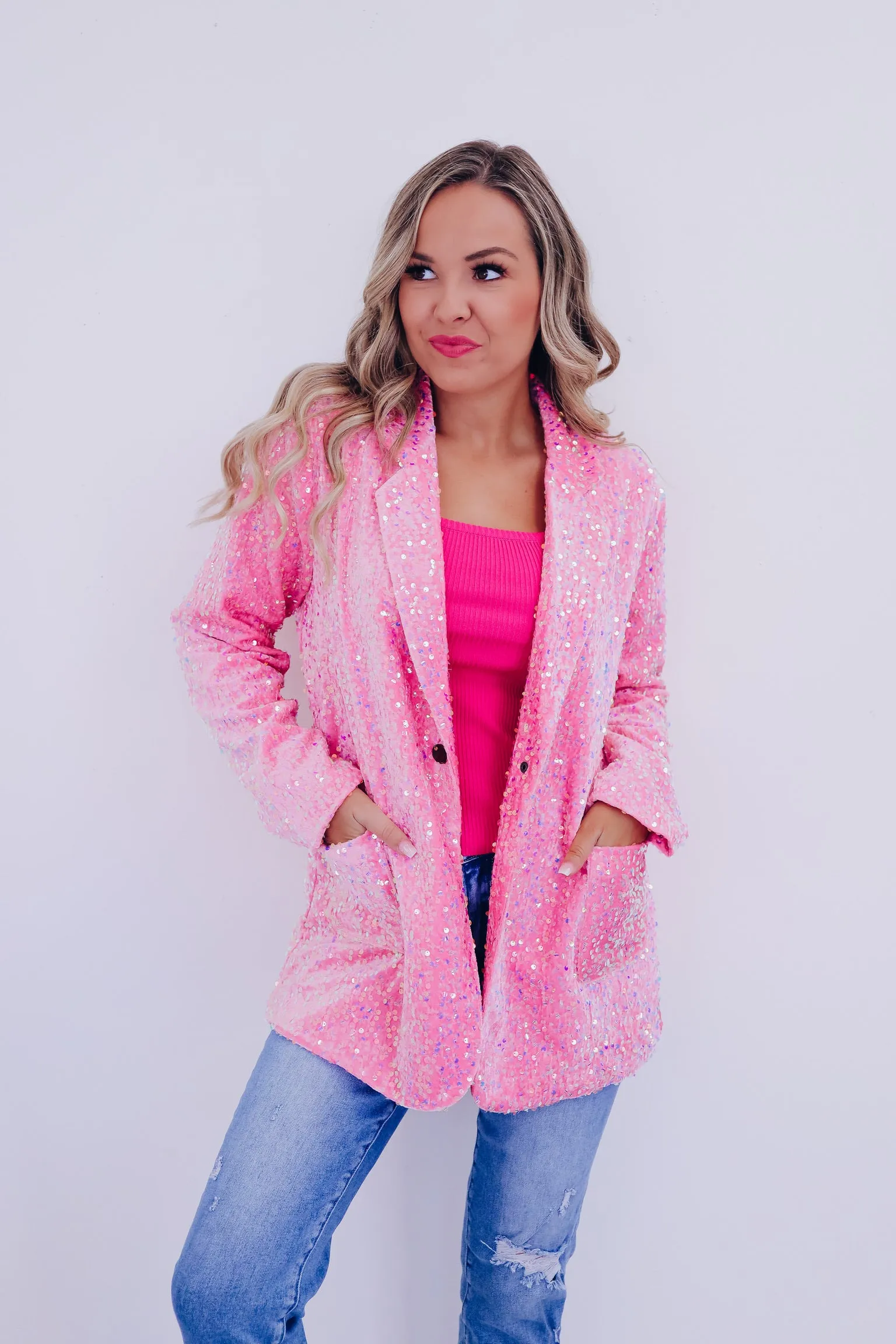Cyrus Shimmering Sequin Blazer - Pink