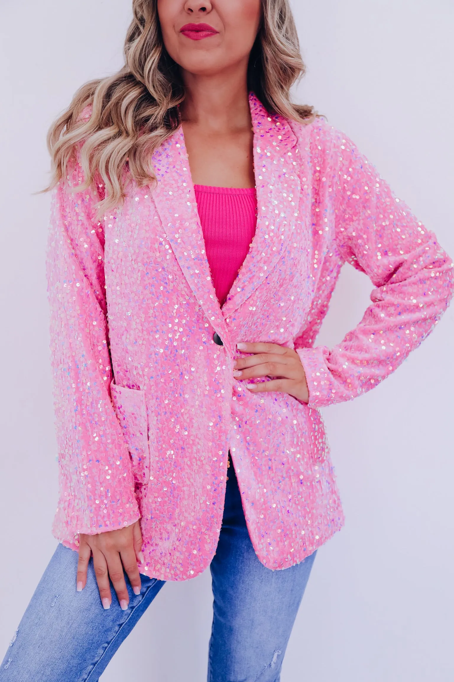 Cyrus Shimmering Sequin Blazer - Pink