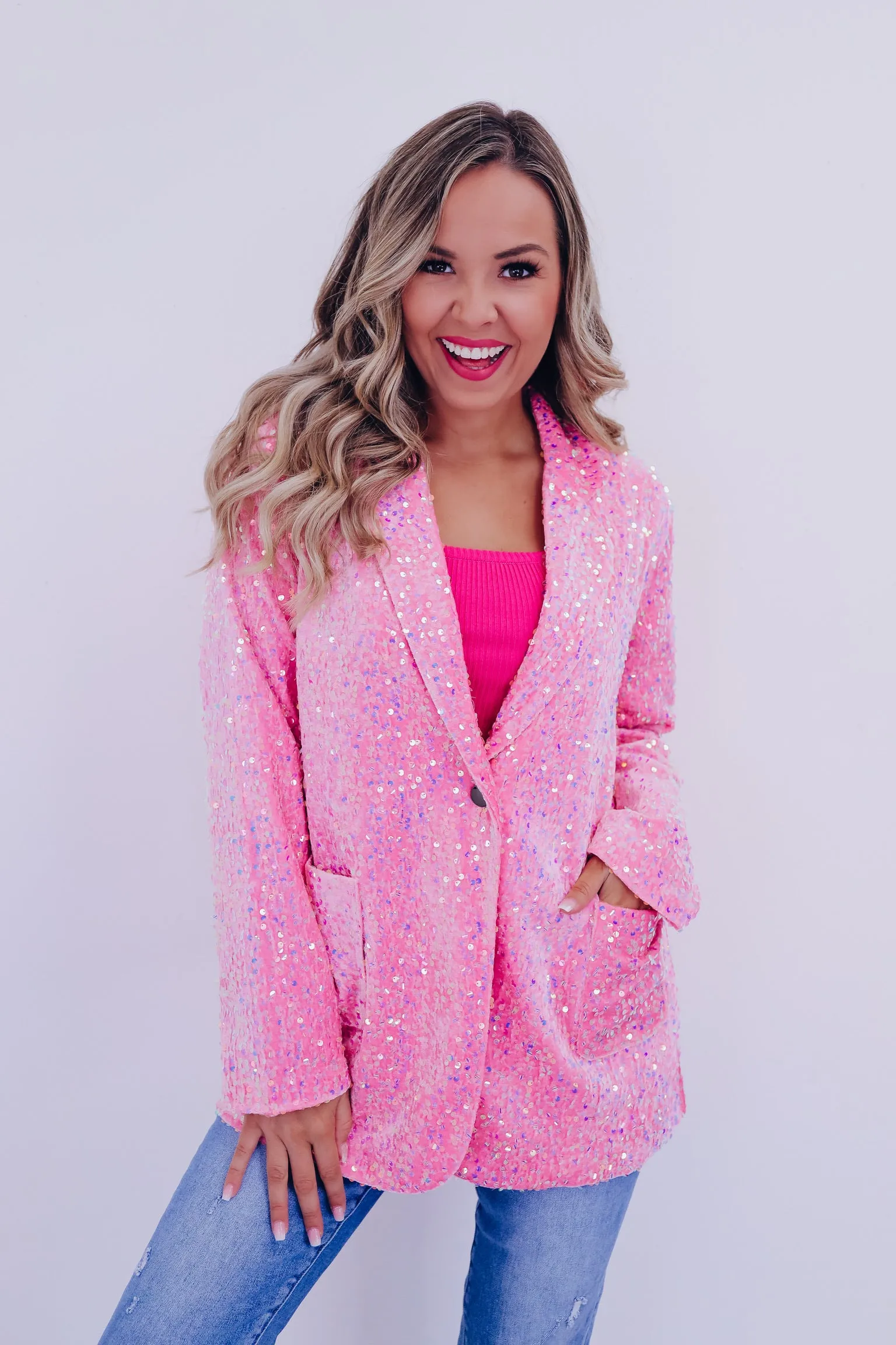 Cyrus Shimmering Sequin Blazer - Pink