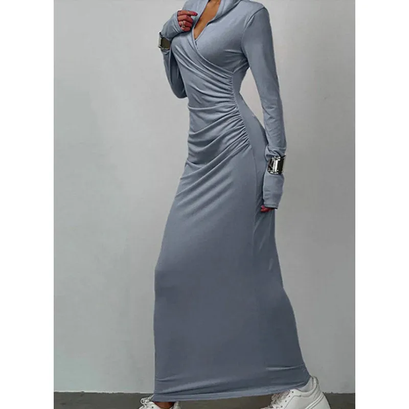 Elegant V Neck Hooded Bodycon Maxi Dress | Size Small