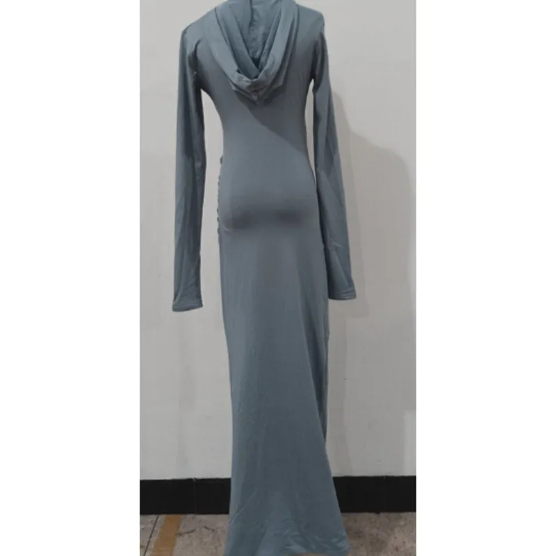 Elegant V Neck Hooded Bodycon Maxi Dress | Size Small
