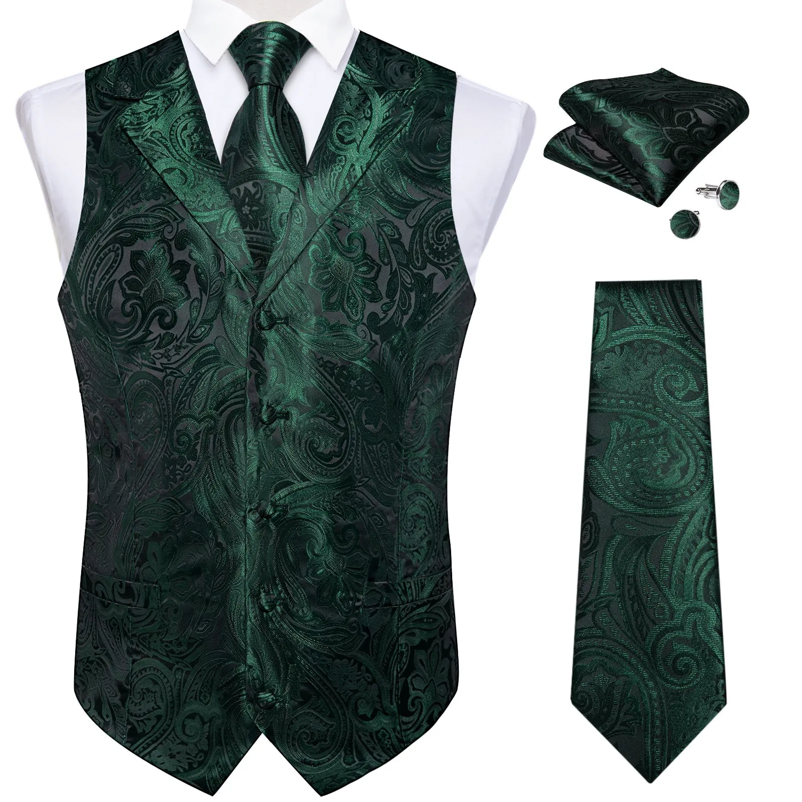 Emerald Green Paisley Men's Collar Vest Tie Hanky Cufflinks Set Waistcoat Suit Set