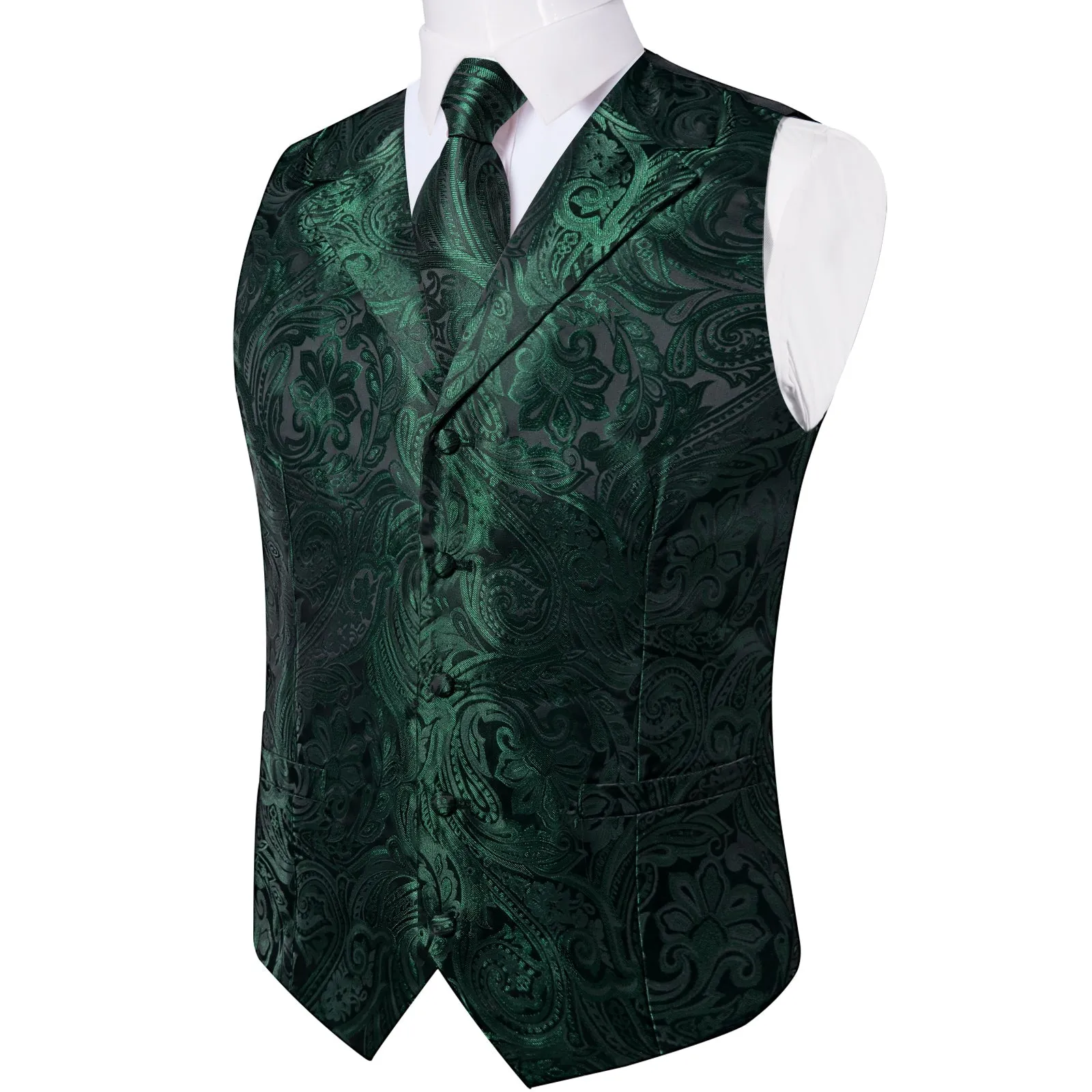 Emerald Green Paisley Men's Collar Vest Tie Hanky Cufflinks Set Waistcoat Suit Set