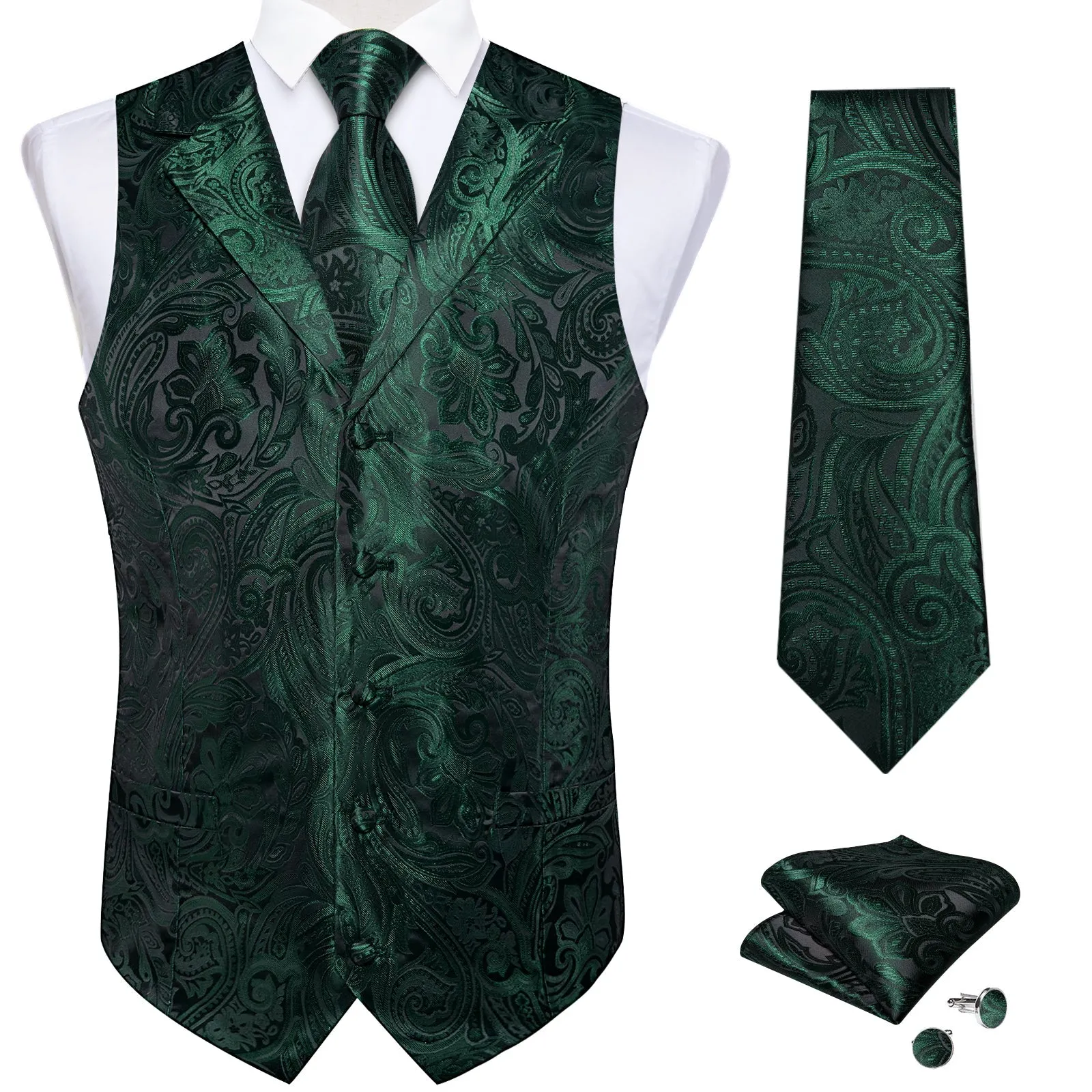 Emerald Green Paisley Men's Collar Vest Tie Hanky Cufflinks Set Waistcoat Suit Set