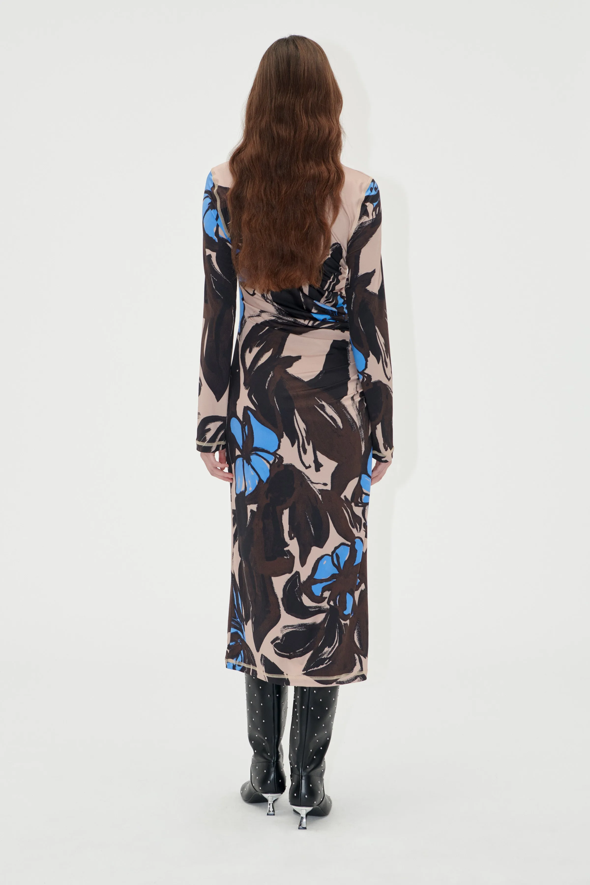 Gathered Long Sleeve Midi Dress - Eccentric Floral