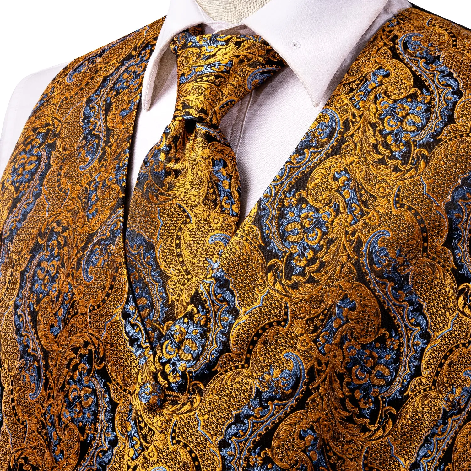 Golden Blue Paisley Jacquard Silk Men's Vest Hanky Cufflinks Tie Set