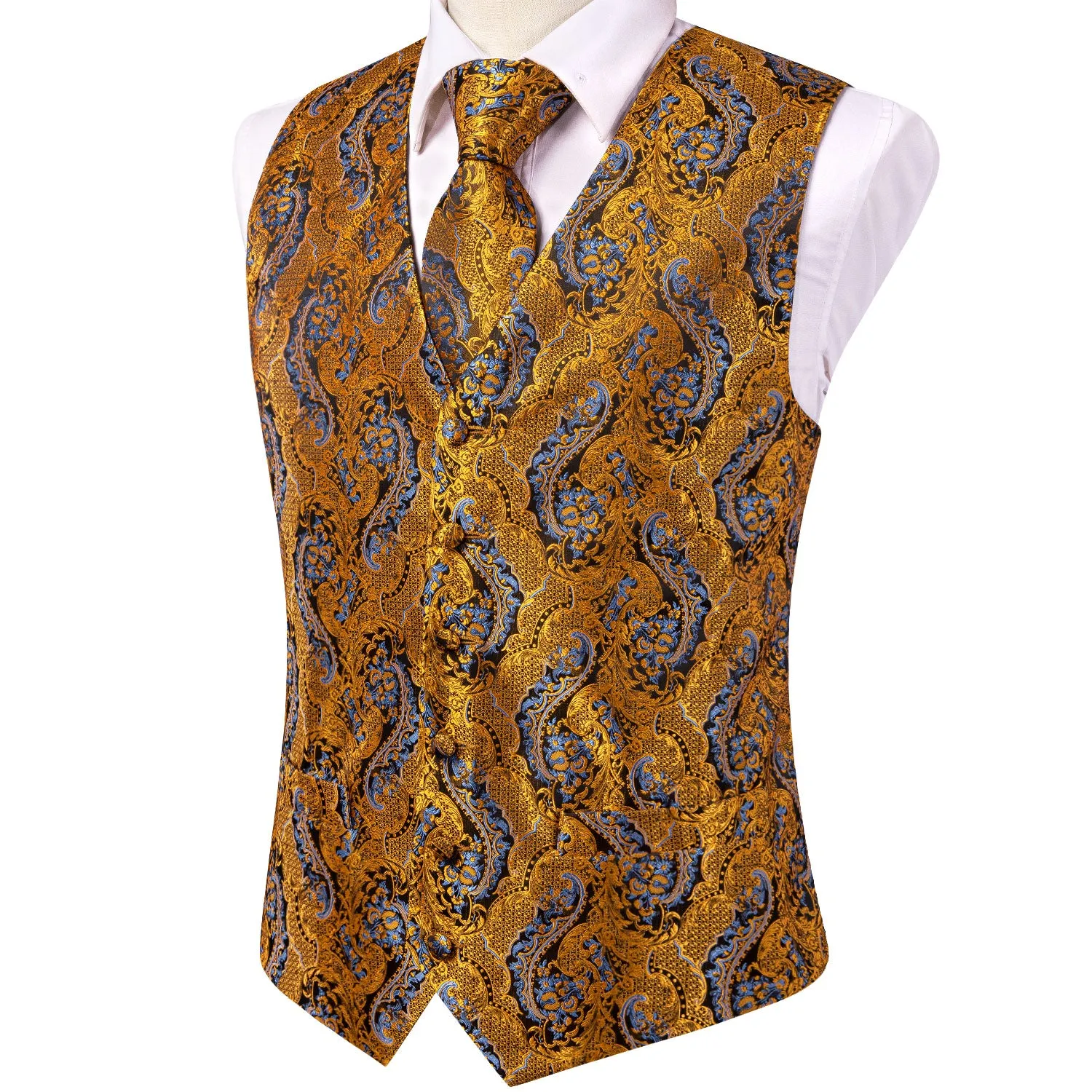 Golden Blue Paisley Jacquard Silk Men's Vest Hanky Cufflinks Tie Set