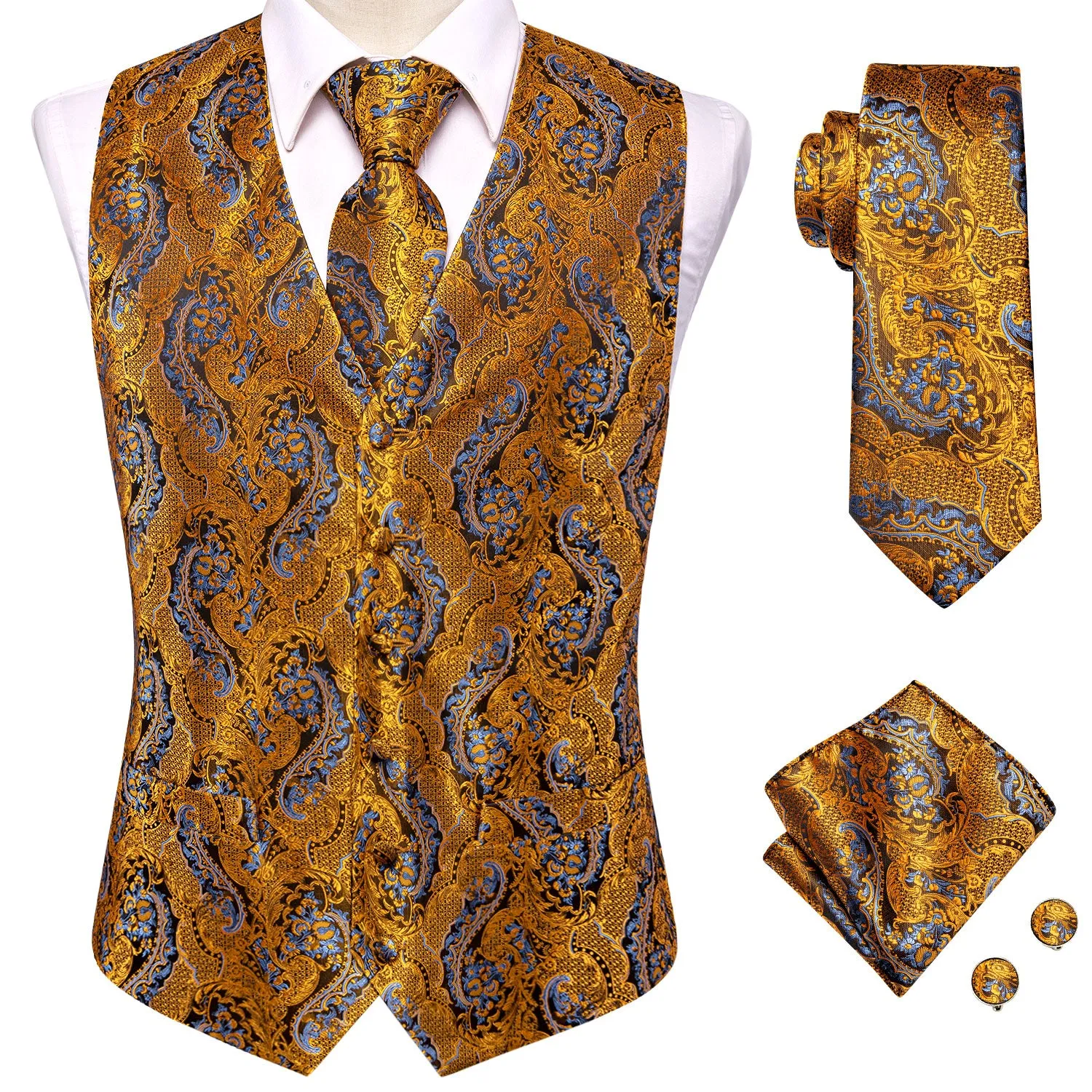 Golden Blue Paisley Jacquard Silk Men's Vest Hanky Cufflinks Tie Set