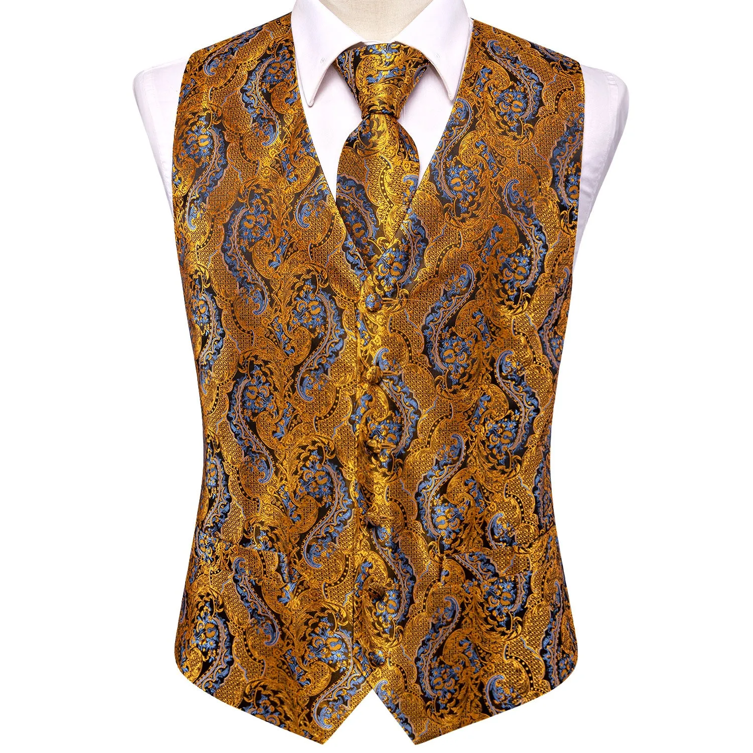Golden Blue Paisley Jacquard Silk Men's Vest Hanky Cufflinks Tie Set