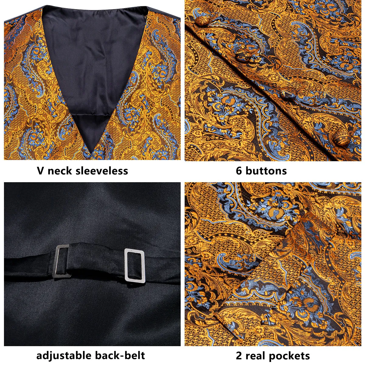Golden Blue Paisley Jacquard Silk Men's Vest Hanky Cufflinks Tie Set
