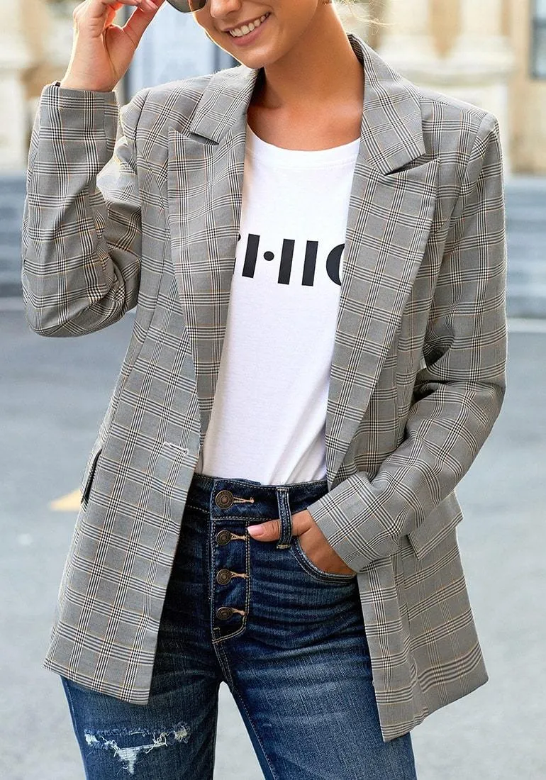 Grey Plaid Lapel Front-Button Side-Pockets Blazer