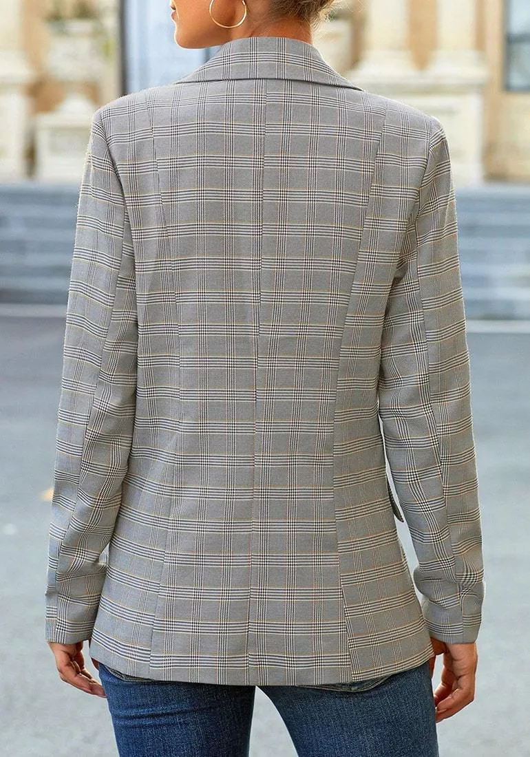 Grey Plaid Lapel Front-Button Side-Pockets Blazer