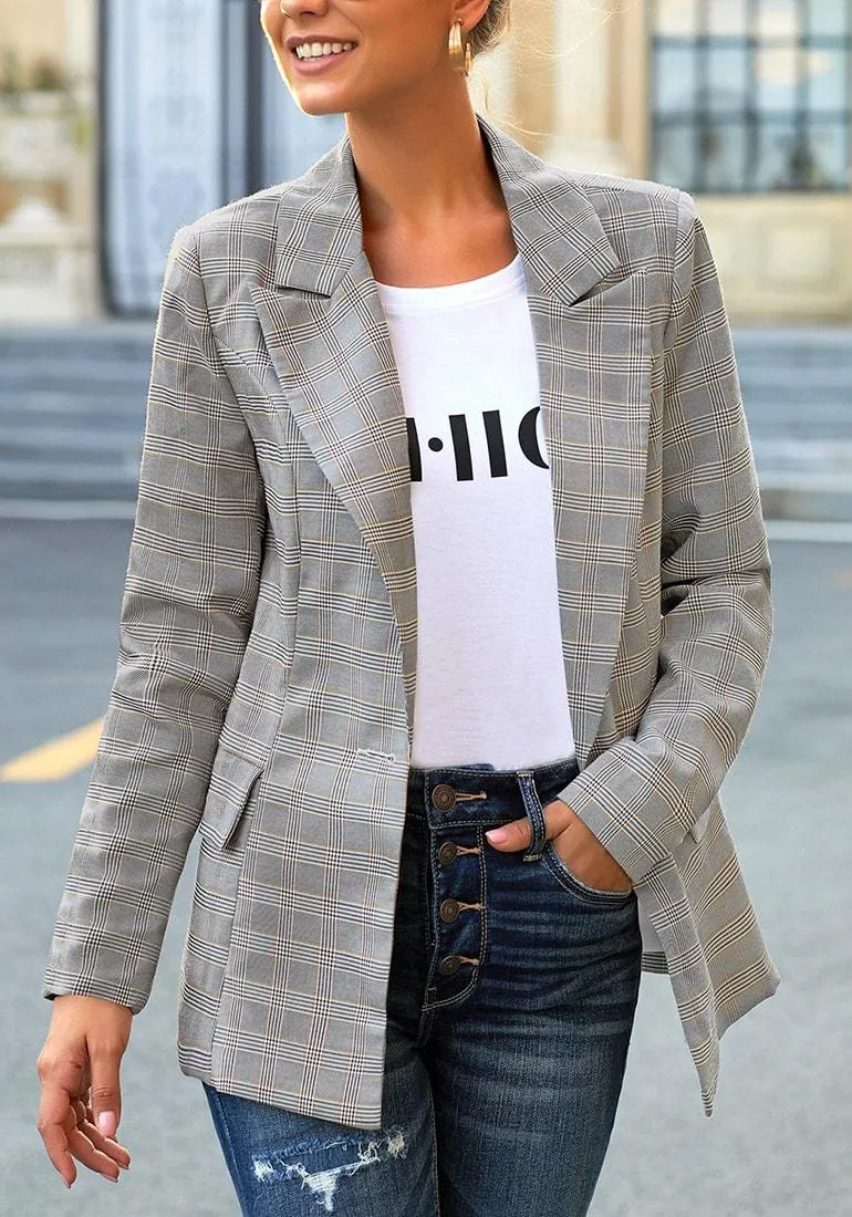 Grey Plaid Lapel Front-Button Side-Pockets Blazer