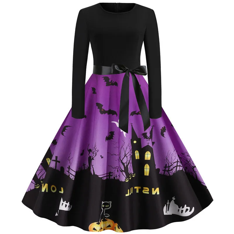 Halloween Printed Round Neck Long Sleeve Dress