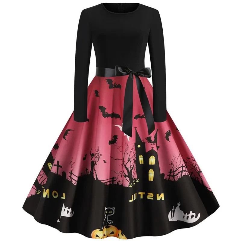 Halloween Printed Round Neck Long Sleeve Dress