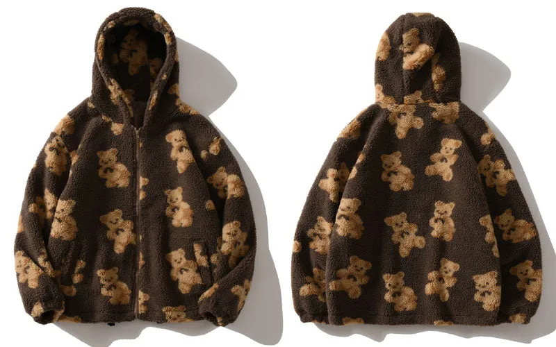 Hip Hop Men Women Fashion Bear Print Full Zip Hooded Coat Tops Outwear