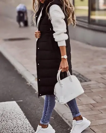 Hooded Gilet Puffer Jacket with Pockets & Buttons