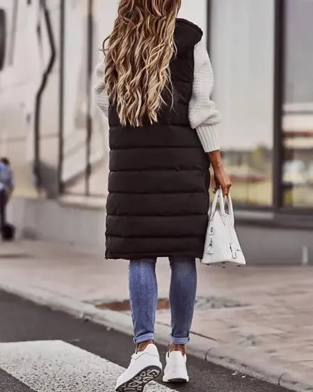 Hooded Gilet Puffer Jacket with Pockets & Buttons
